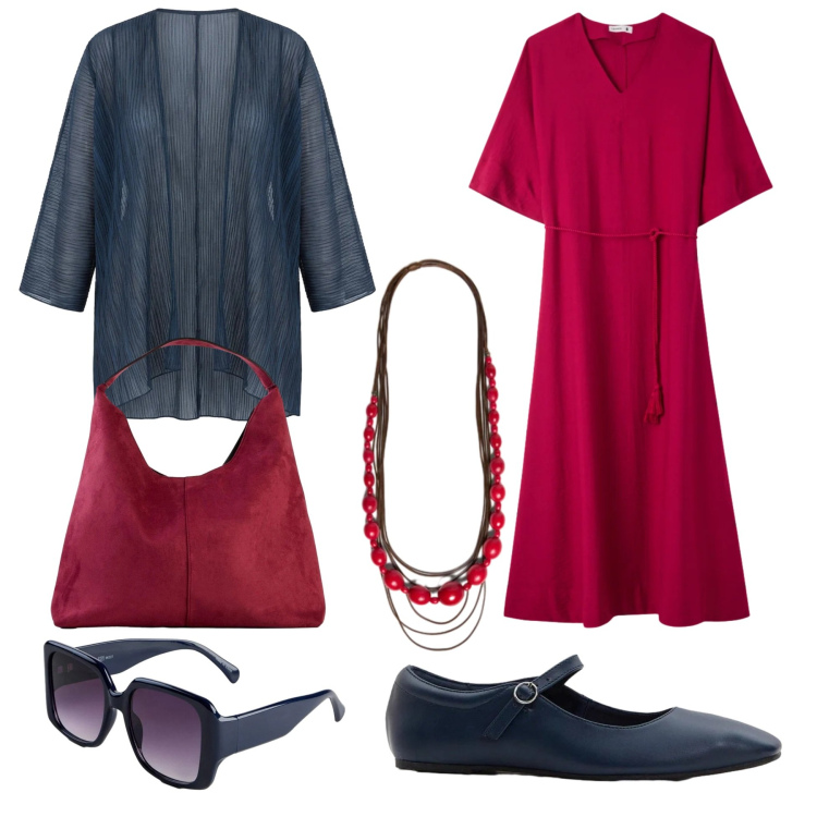 Outfit donna - In rosso e blu. Stile Bon Ton per Serata fuori. Abbinamento con ballerine, borse a spalla, occhiali da sole, vestiti lunghi, collane, blazer.