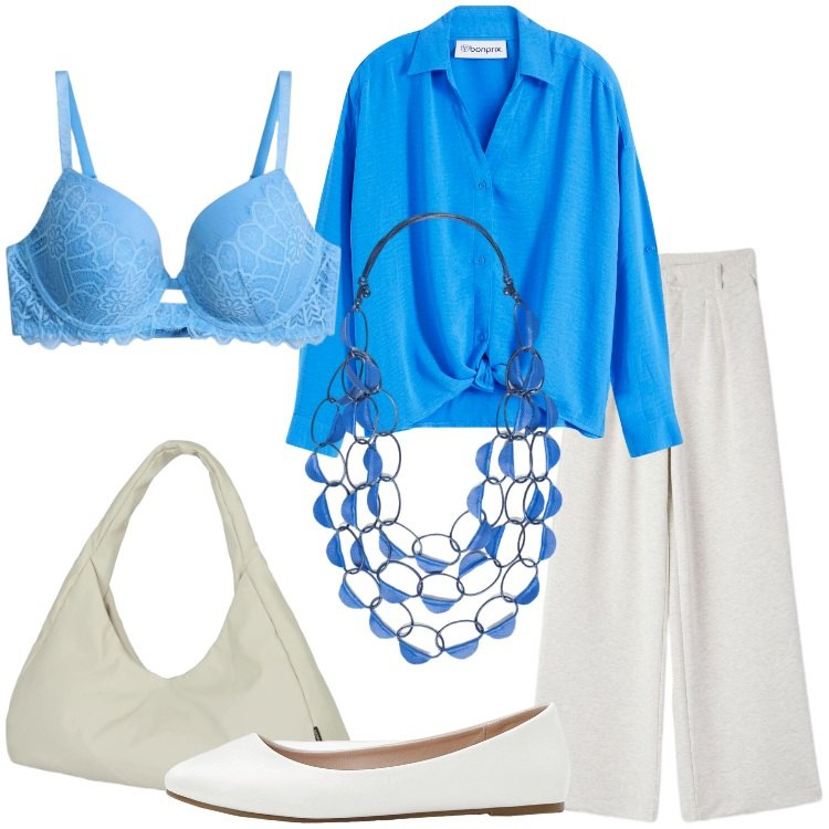 Outfit donna - Eleganza leggera - Focus Donna Curvy. Stile Minimal per Ufficio. Abbinamento con bluse, ballerine, reggiseni, pantaloni, collane, borse a spalla.