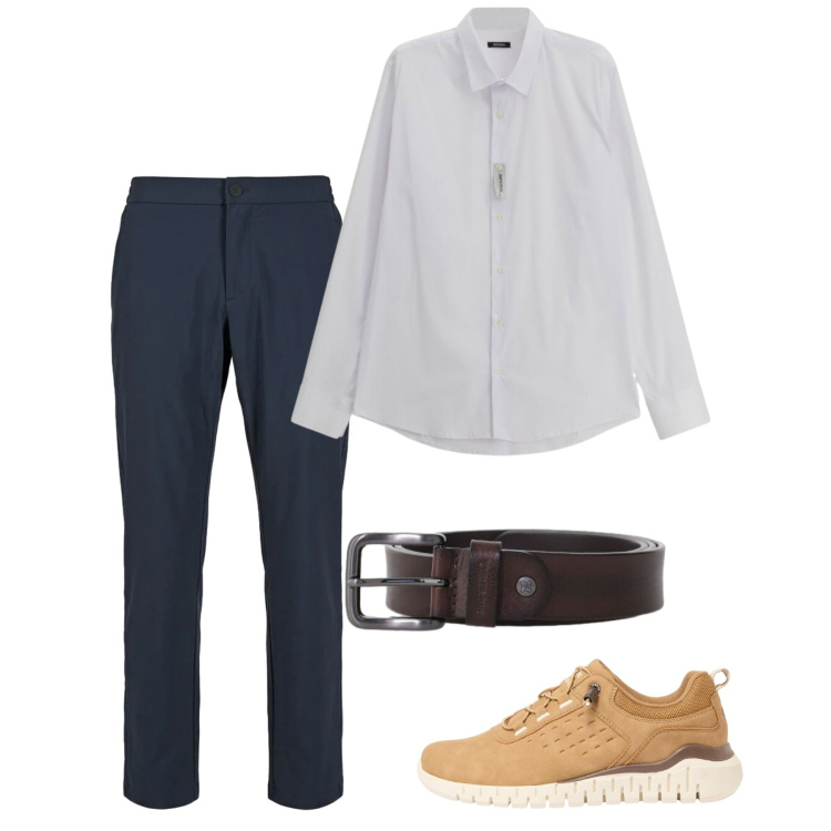 Outfit uomo - Smart casual primaverile. Stile Casual per Tutti i giorni. Abbinamento con sneakers, camicie, cinture, pantaloni.
