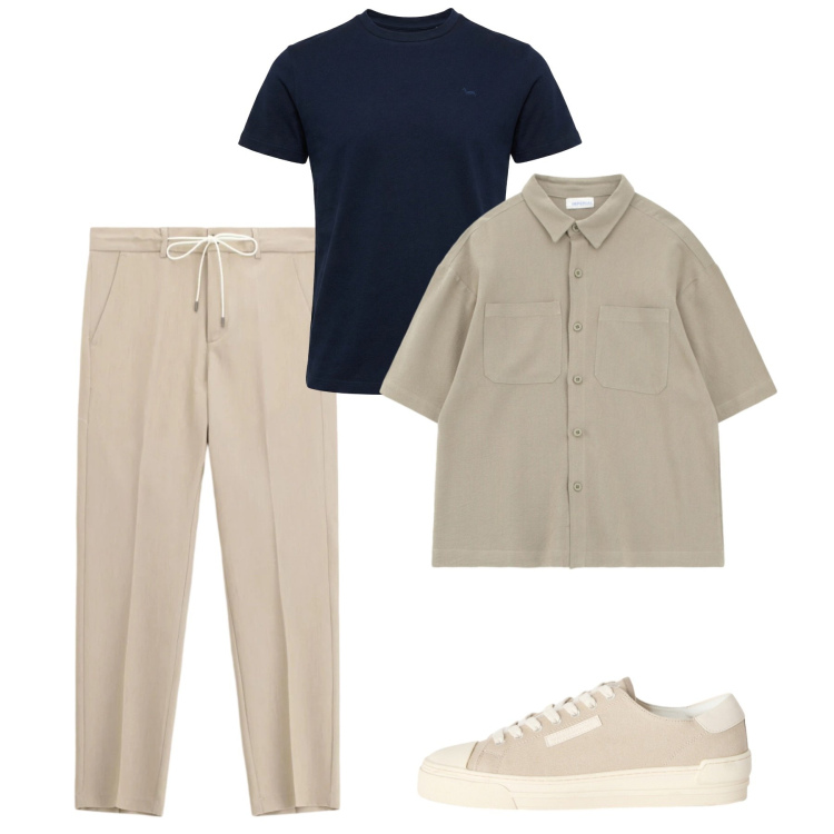 Outfit uomo - Sneakers di primavera. Stile Casual per Tutti i giorni. Abbinamento con pantaloni, camicie a manica corta, sneakers, t-shirt.