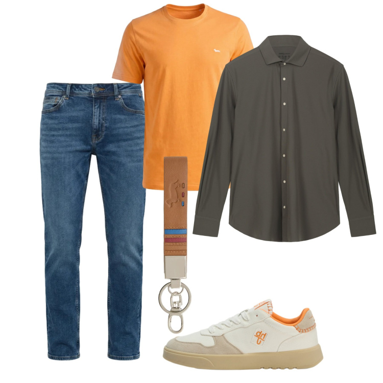 Outfit uomo - Sneakers di primavera. Stile Casual per Tutti i giorni. Abbinamento con portachiavi, t-shirt, sneakers, jeans, camicie.