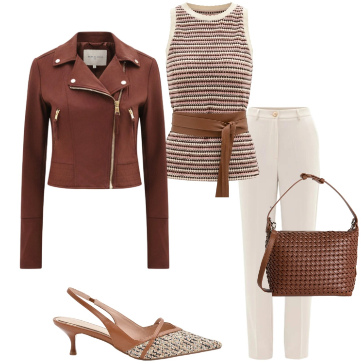 Outfit donna - Fine aprile. Stile Casual chic per Tutti i giorni. Abbinamento con décolleté, canottiere, giacche, pantaloni, borse a spalla.