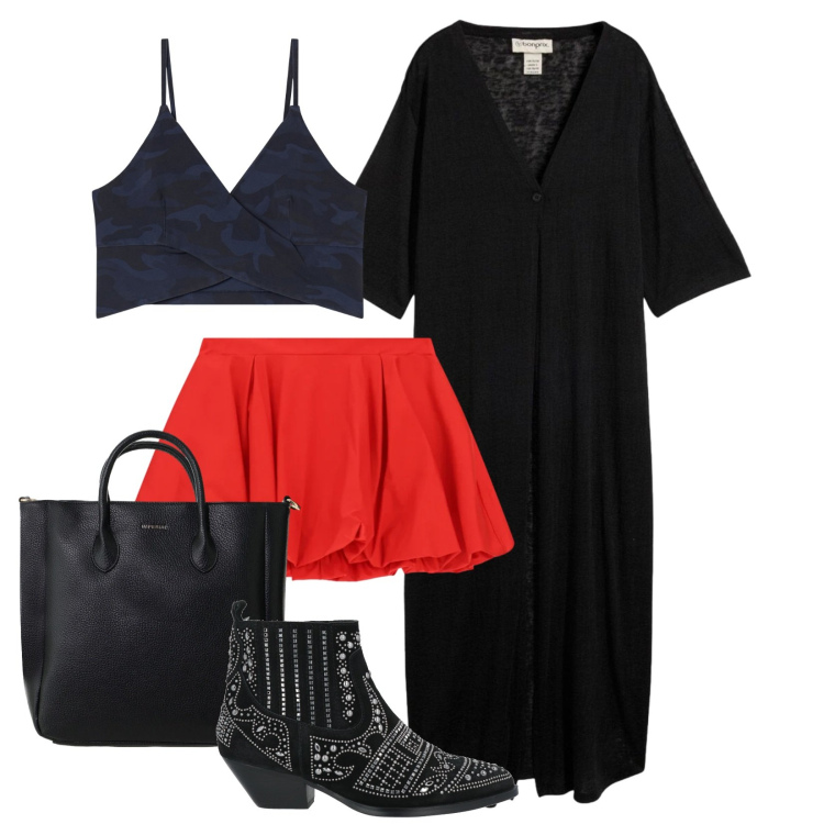 Outfit donna - Total look #2389873. Stile Sporty chic per Serata fuori. Abbinamento con stivaletti, cardigans, borse a tracolla, minigonne, top.