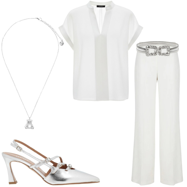 Outfit donna - Eleganza in bianco. Stile Chic per Serata fuori. Abbinamento con décolleté, bluse, cinture, pantaloni a palazzo, ciondoli.
