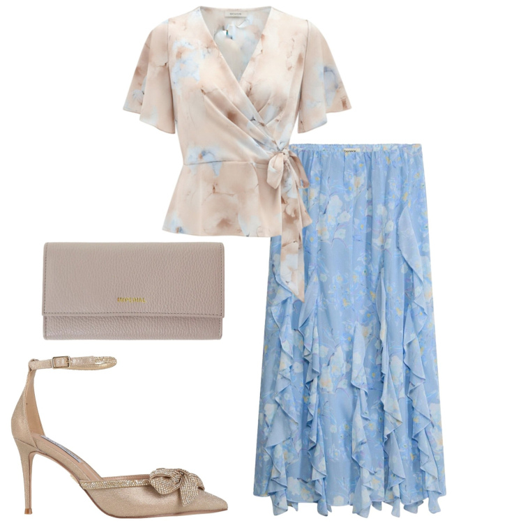 Outfit donna - Aprile. Stile Chic per Serata fuori. Abbinamento con décolleté, gonne lunghe, portafogli, bluse.