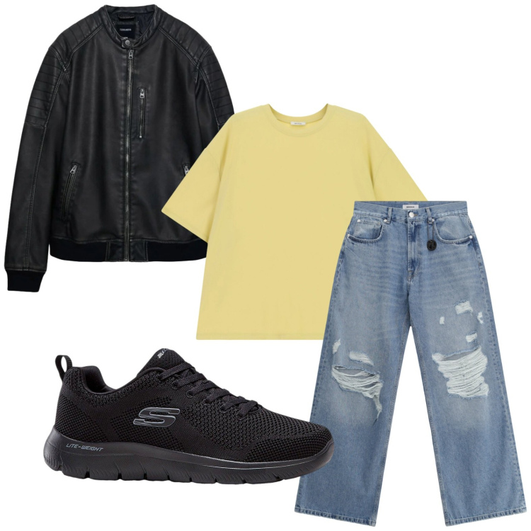 Outfit uomo - Casual. Stile Casual per Tutti i giorni. Abbinamento con sneakers, giacche, jeans strappati, t-shirt.