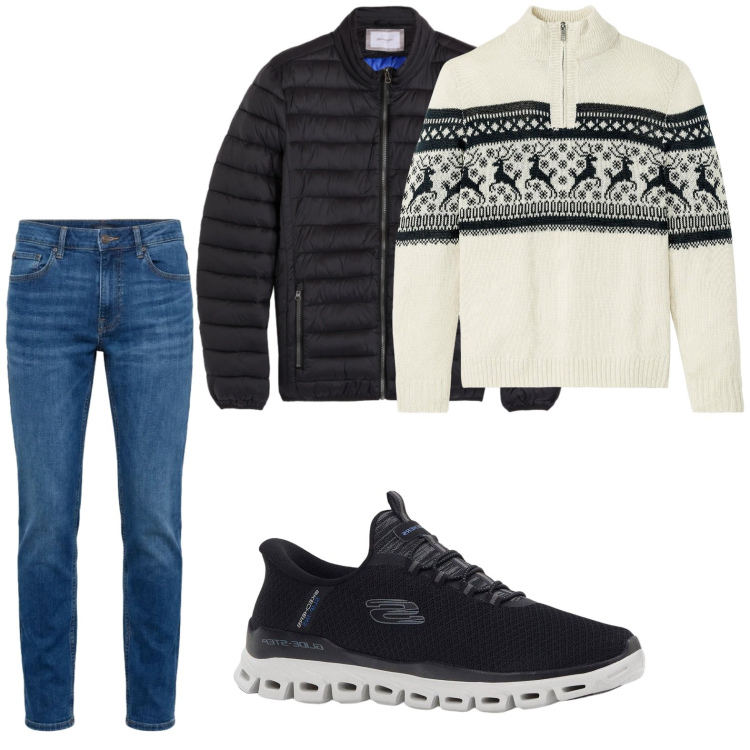 Outfit uomo - Jeans e maglione. Stile Trendy per Tutti i giorni. Abbinamento con maglieria, sneakers, jeans, piumini.