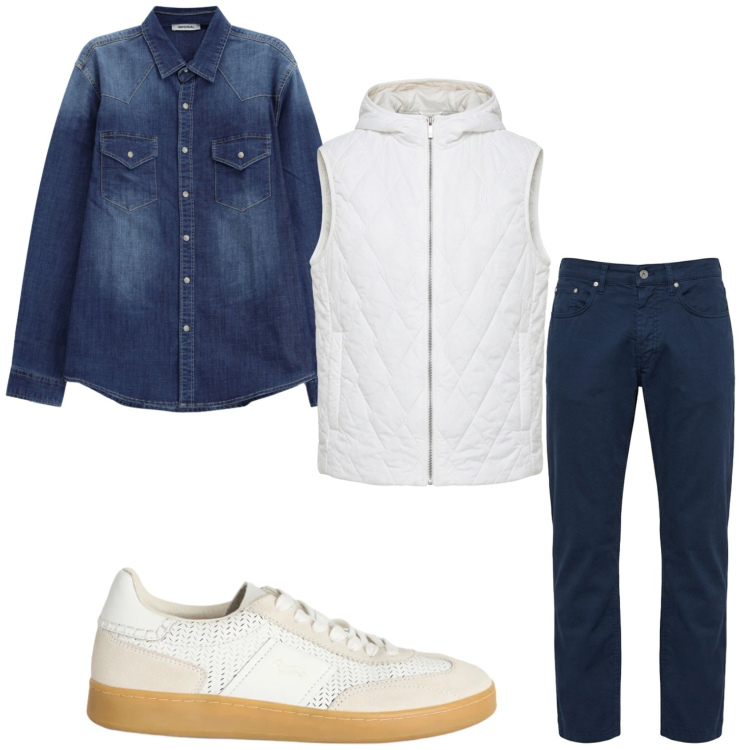 Outfit uomo - L\'energia del jeans. Stile Trendy per Tutti i giorni. Abbinamento con camicie, sneakers, pantaloni, piumini.