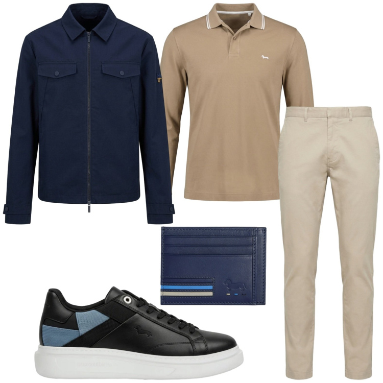 Outfit uomo - Armonia di colori. Stile Casual per Tutti i giorni. Abbinamento con portafogli, sneakers, pantaloni, polo, cappotti.