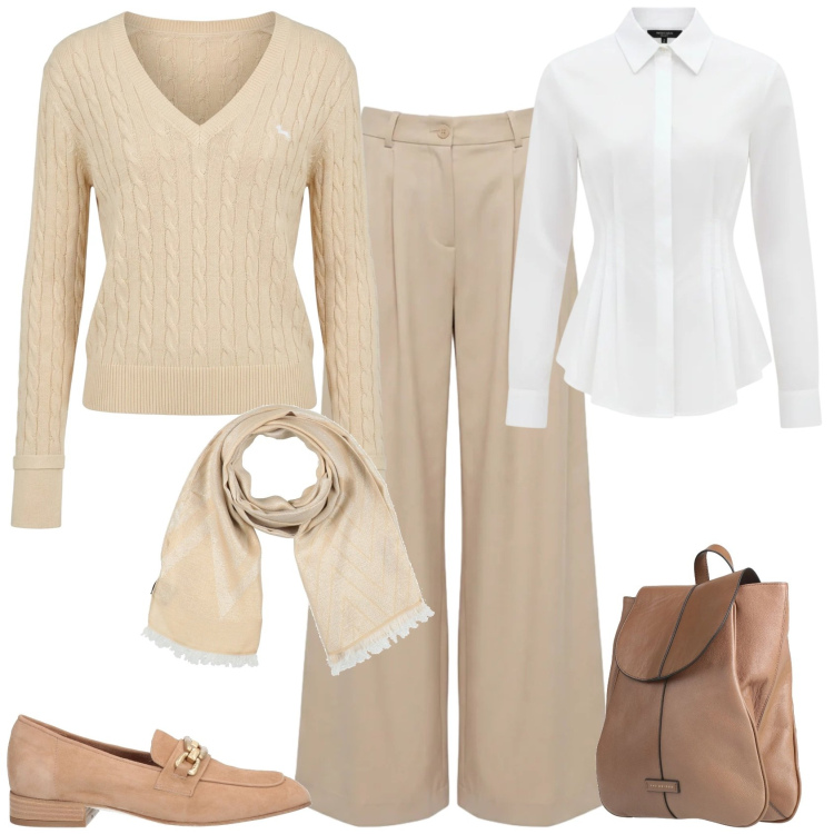Outfit donna - Trendy ufficio tempo libero. Stile Trendy per Tutti i giorni. Abbinamento con mocassini, sciarpe, zaini, pullovers, pantaloni, camicie.