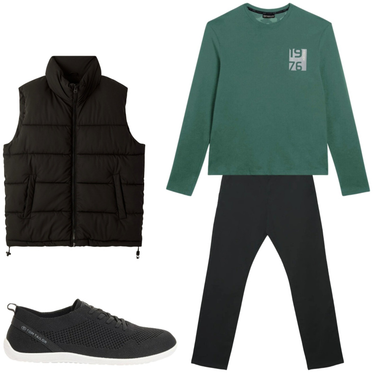 Outfit uomo - Casual. Stile Casual per Tutti i giorni. Abbinamento con sneakers, piumini, pantaloni chino, t-shirt.