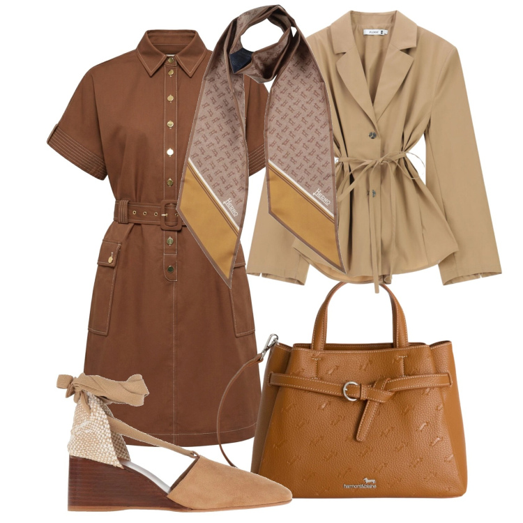 Outfit donna - Marrone e camoscio- curvy. Stile Bon Ton per Ufficio. Abbinamento con sciarpe, décolleté, blazer, vestiti chemisier, borse a mano.