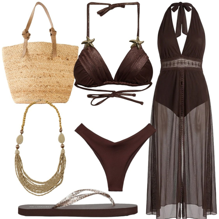Outfit donna - Eleganza Terrosa per le vacanze. Stile Chic per Mare. Abbinamento con shopping bag, vestiti lunghi, bikini, bikini, infradito, collane.