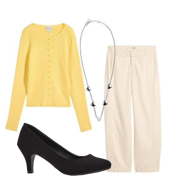 Outfit donna - Riflesso di sole. Stile Casual chic per Ufficio. Abbinamento con jeans, cardigans, décolleté, collane.