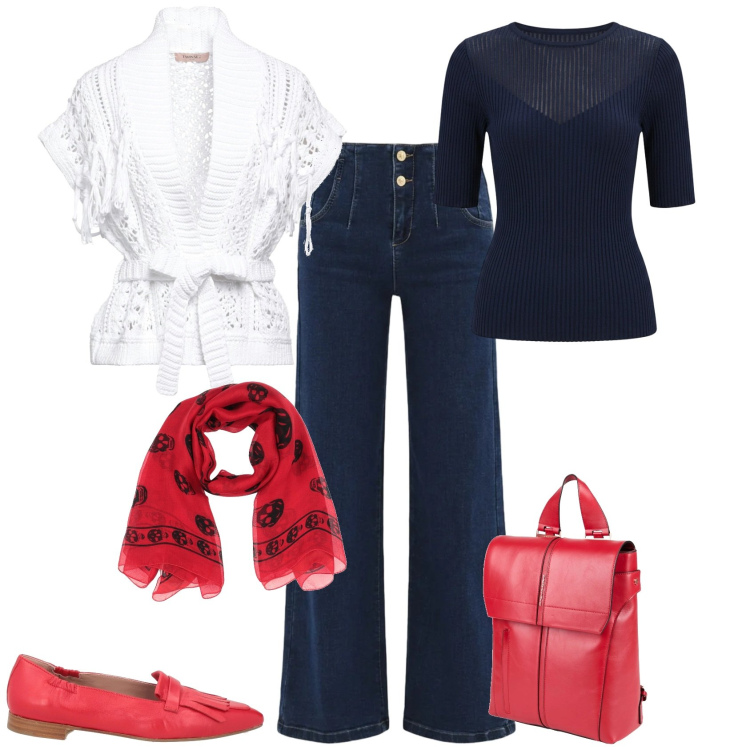 Outfit donna - Trendy ufficio tempo libero. Stile Trendy per Tutti i giorni. Abbinamento con cardigans, mocassini, zaini, sciarpe, t-shirt, jeans.