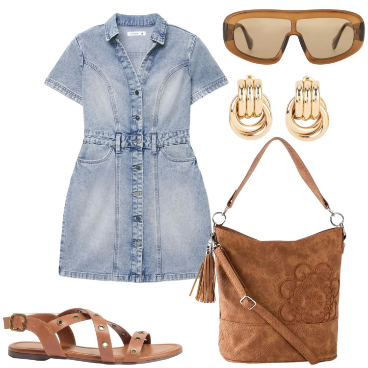 Outfit donna - Vestito corto jeans. Stile Casual per Tutti i giorni. Abbinamento con orecchini, sandali, borse a mano, vestiti corti, occhiali da sole.