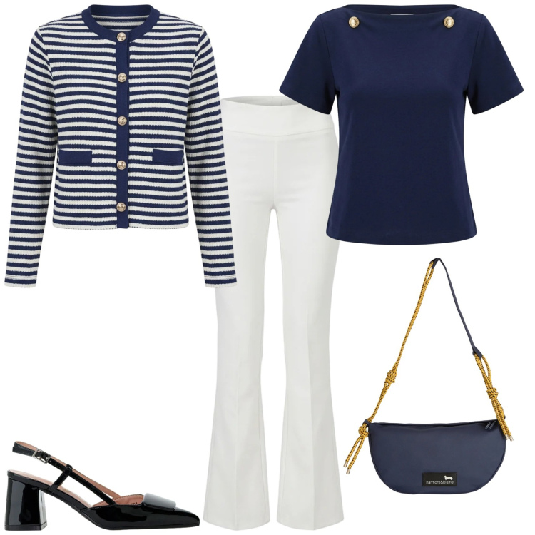 Outfit donna - Trendy ufficio tempo libero. Stile Trendy per Tutti i giorni. Abbinamento con décolleté, cardigans, t-shirt, pantaloni, borse a tracolla.