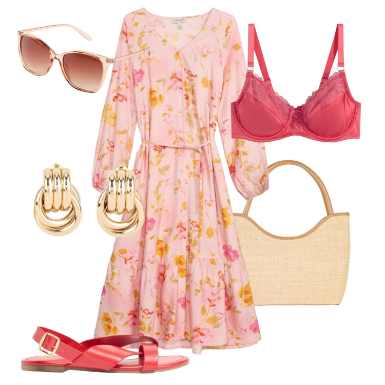 Outfit donna - Romantica boho. Stile Boho per Tutti i giorni. Abbinamento con vestiti midi/longuette, shopping bag, sandali, occhiali da sole, orecchini, reggiseni.