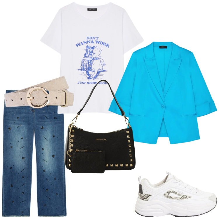 Outfit donna - Lo stile Urban. Stile Urban per Tutti i giorni. Abbinamento con cinture, sneakers, t-shirt, blazer, jeans dritti, borse a spalla.