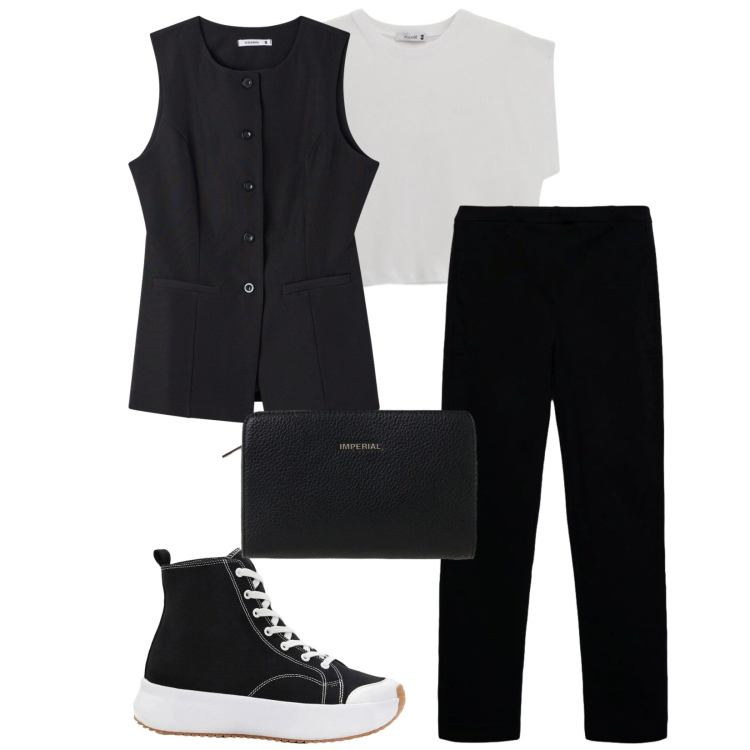 Outfit donna - Total look #2389907. Stile Basic per Tutti i giorni. Abbinamento con sneakers, pantaloni skinny, gilet, borse a tracolla, top.