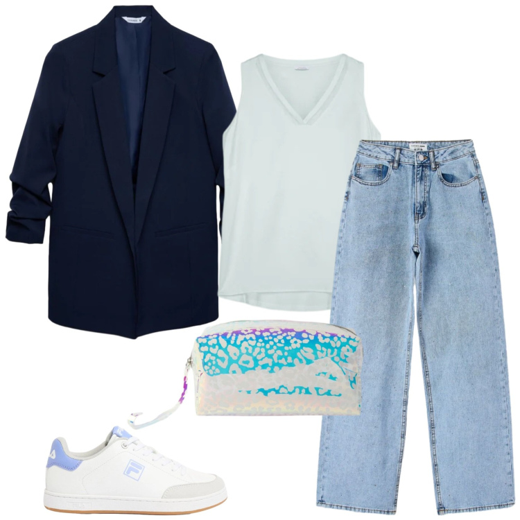 Outfit donna - Total look #2389908. Stile Basic per Tutti i giorni. Abbinamento con sneakers, blazer, pochette, jeans, top.