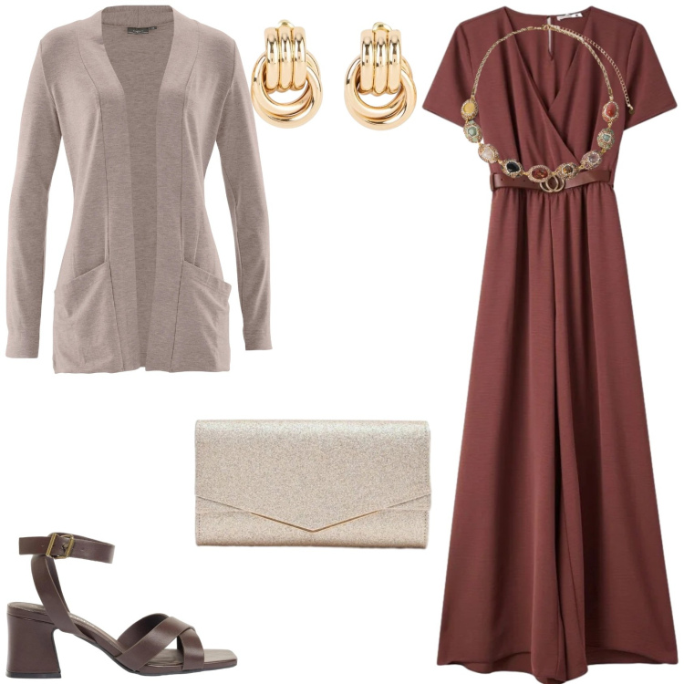 Outfit donna - Per una serata fuori. Stile Trendy per Serata fuori. Abbinamento con cardigans, sandali col tacco, orecchini, vestiti lunghi, collane, clutch.