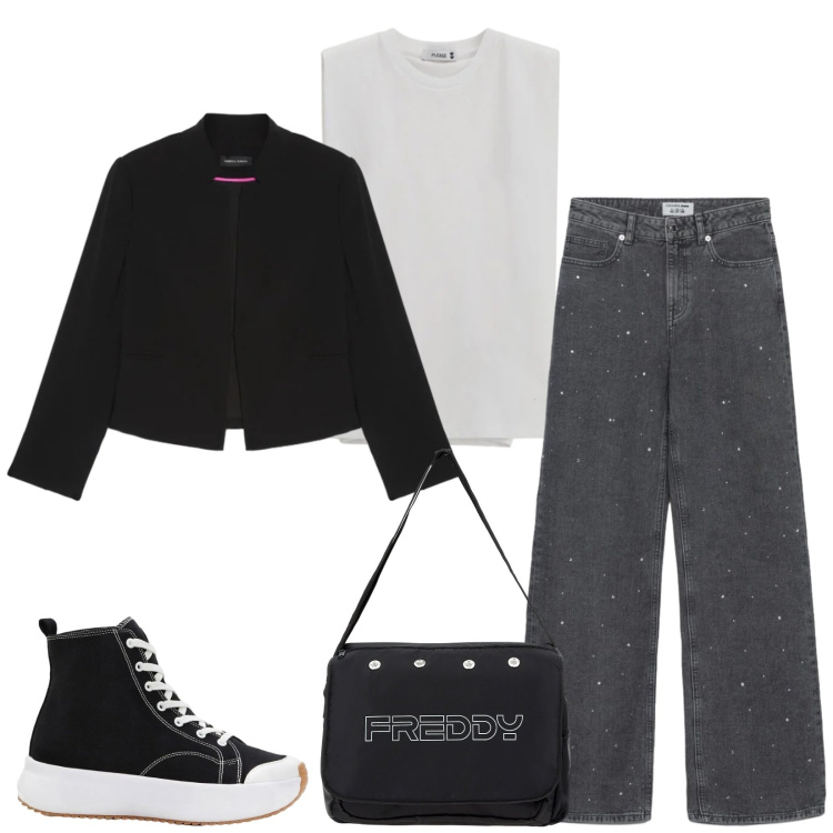 Outfit donna - Total look #2389916. Stile Basic per Tutti i giorni. Abbinamento con sneakers, jeans dritti, blazer, top, borse messenger.