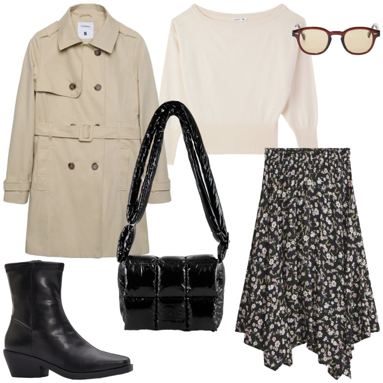 Outfit donna - Urban style. Stile Urban per Ufficio. Abbinamento con gonne longuette, stivaletti, trench, pullovers, occhiali da sole, borse a spalla.