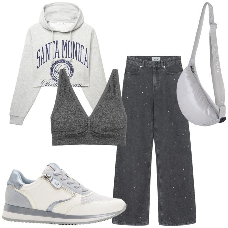 Outfit donna - Total look #2389918. Stile Casual per Tutti i giorni. Abbinamento con sneakers, felpe con cappuccio, jeans dritti, canottiere, borse a tracolla.