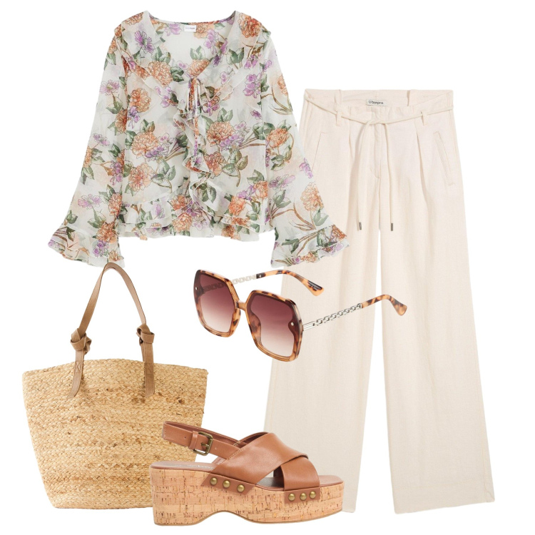 Outfit donna - City boho. Stile Boho per Tutti i giorni. Abbinamento con bluse, pantaloni, zeppe, occhiali da sole, shopping bag.
