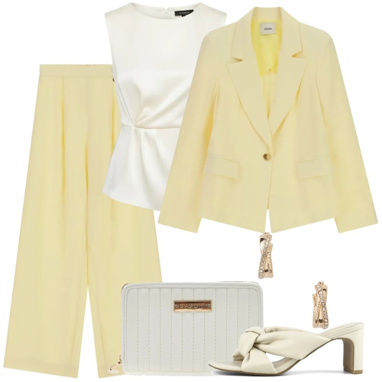 Outfit donna - Burro e panna. Stile Chic per Cerimonia. Abbinamento con bluse, blazer, pantaloni a palazzo, orecchini, sandali col tacco, portafogli.