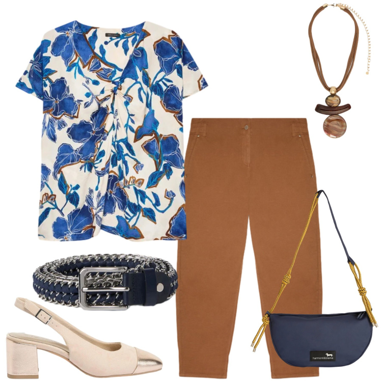 Outfit donna - Tonalità Terrose e Blu Costiero. Stile Casual chic per Tutti i giorni. Abbinamento con décolleté, pantaloni, bluse, ciondoli, cinture, borse a tracolla.