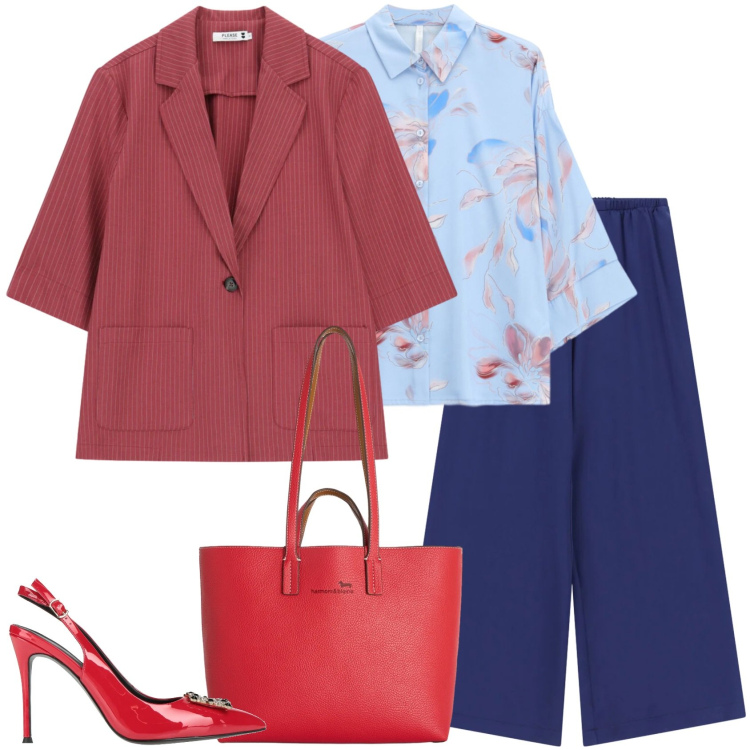 Outfit donna - Blu e rame. Stile Casual chic per Ufficio. Abbinamento con décolleté, shopping bag, blazer, pantaloni a palazzo, camicie.