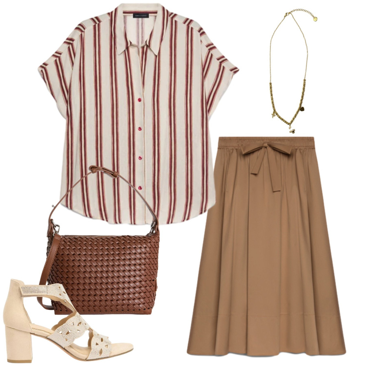Outfit donna - Un\'eleganza estiva e rilassata. Stile Casual chic per Tutti i giorni. Abbinamento con sandali col tacco, camicie a manica corta, gonne lunghe, borse a spalla, ciondoli.