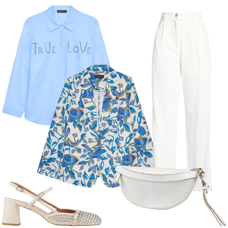 Outfit donna - Fresco Risveglio Floreale. Stile Casual chic per Tutti i giorni. Abbinamento con décolleté, marsupi, pantaloni, blazer, camicie.