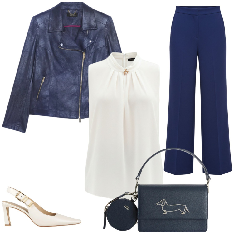 Outfit donna - Un Contrasto di Texture e Stile. Stile Casual chic per Ufficio. Abbinamento con décolleté, top, pantaloni a palazzo, blazer, borse a tracolla.