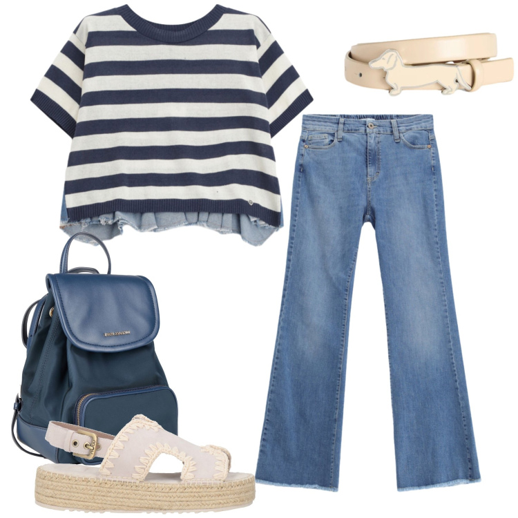 Outfit donna - Il Comfort Incontra lo Stile Riviera. Stile Casual chic per Tutti i giorni. Abbinamento con zaini, espadrillas, t-shirt, jeans, cinture.