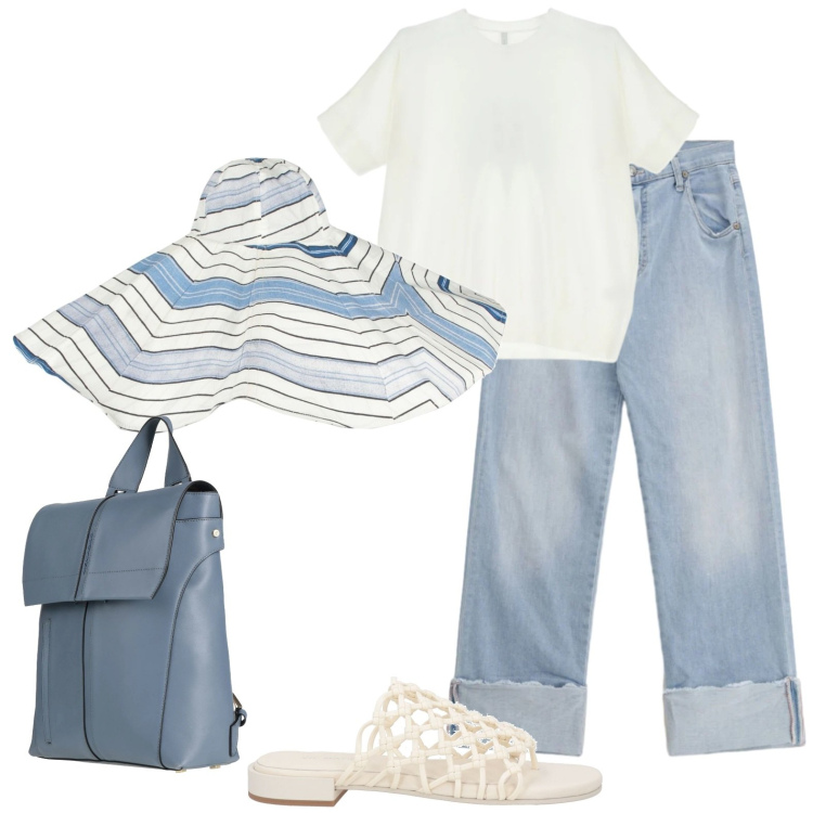 Outfit donna - Un cappello a righe. Stile Glamour per Mare. Abbinamento con cappelli, zaini, ciabatte, jeans dritti, t-shirt.