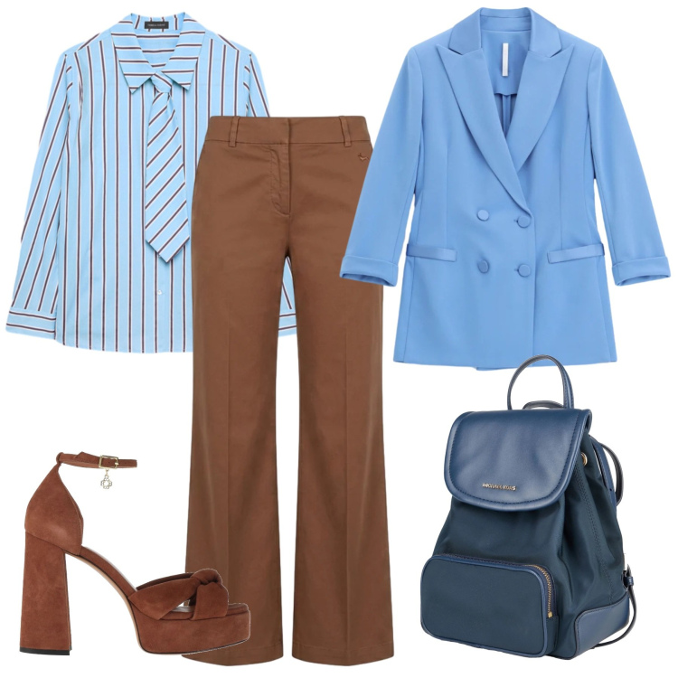 Outfit donna - In ufficio. Stile Glamour per Ufficio. Abbinamento con zaini, sandali in pelle, blazer, camicie, pantaloni.