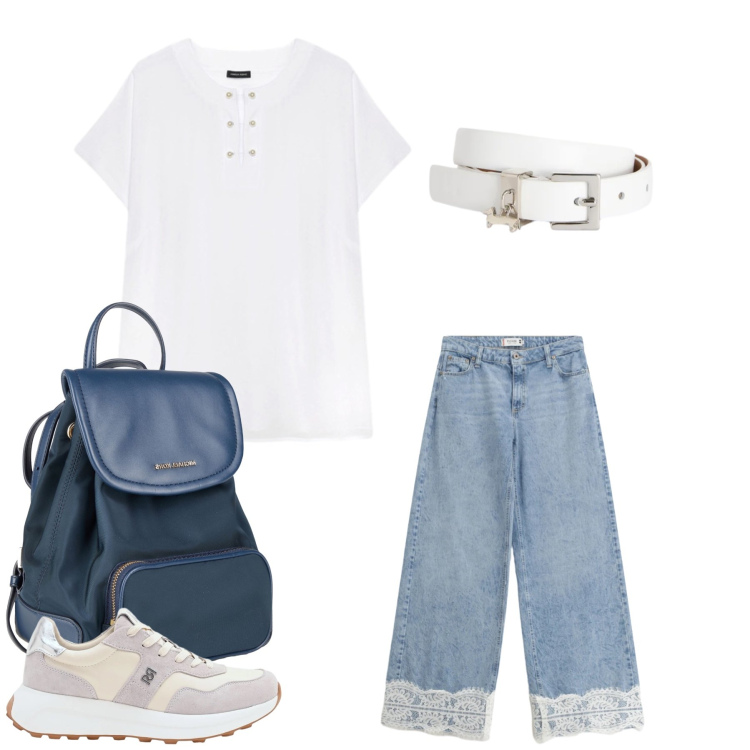 Outfit donna - Luminosità Quotidiana. Stile Casual chic per Tutti i giorni. Abbinamento con zaini, sneakers, t-shirt, jeans, cinture.