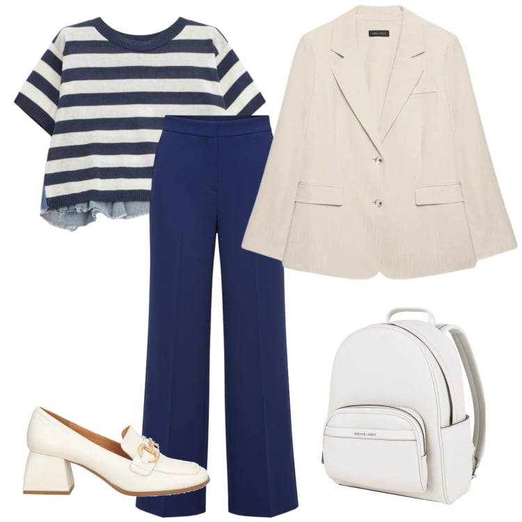 Outfit donna - Tutti i giorni. per Tutti i giorni. Abbinamento con zaini, mocassini, t-shirt, pantaloni a palazzo, blazer.