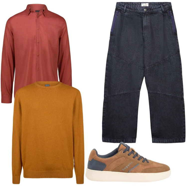 Outfit uomo - #colori.caldi. Stile Urban per Tutti i giorni. Abbinamento con sneakers, jeans dritti, maglieria, camicie.