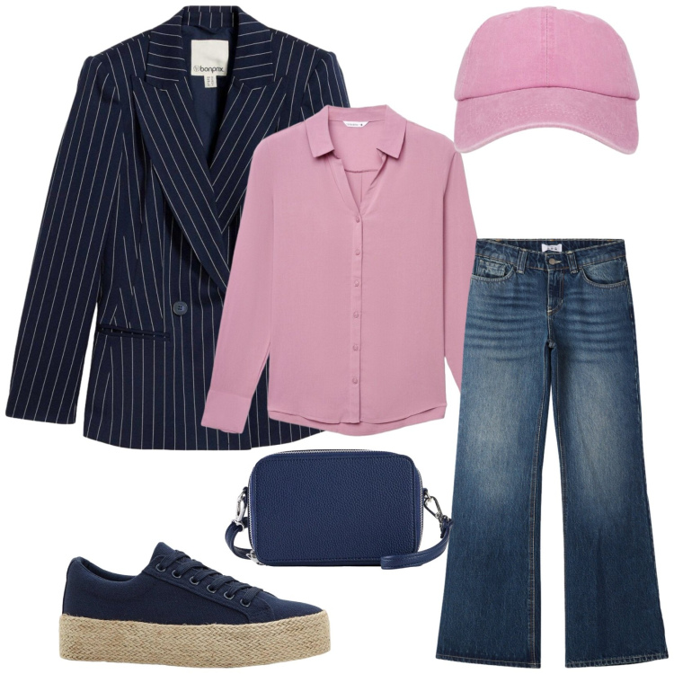 Outfit donna - Total look #2389946. Stile Casual chic per Tutti i giorni. Abbinamento con sneakers, blazer, borse a tracolla, camicie, cappelli con visiera, jeans.