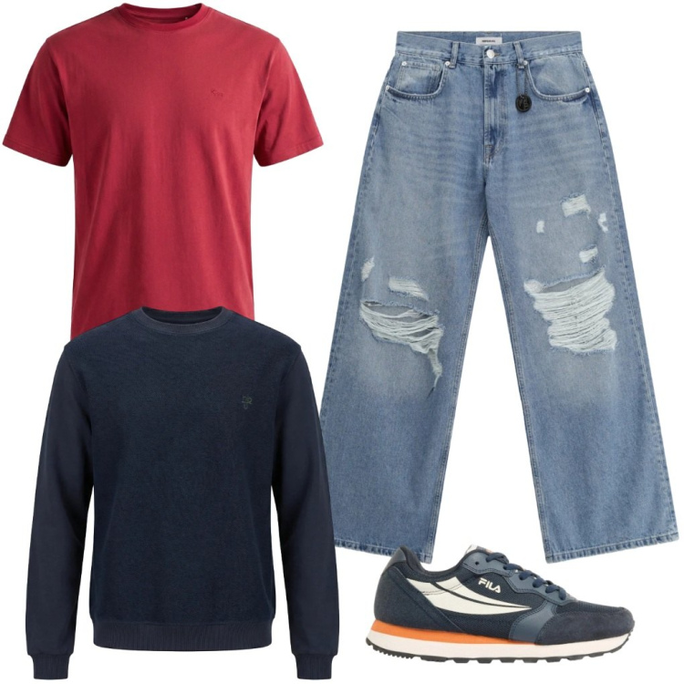 Outfit uomo - #che.bellino. Stile Urban per Tutti i giorni. Abbinamento con sneakers, jeans strappati, t-shirt, felpe.