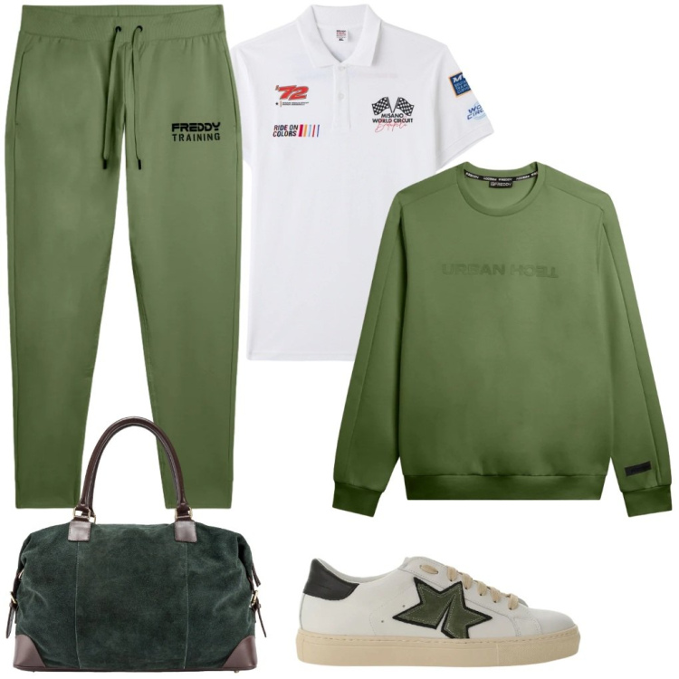 Outfit uomo - #in.completo. Stile Urban per Tutti i giorni. Abbinamento con polo, sneakers, pantaloni, felpe, borse sportive.