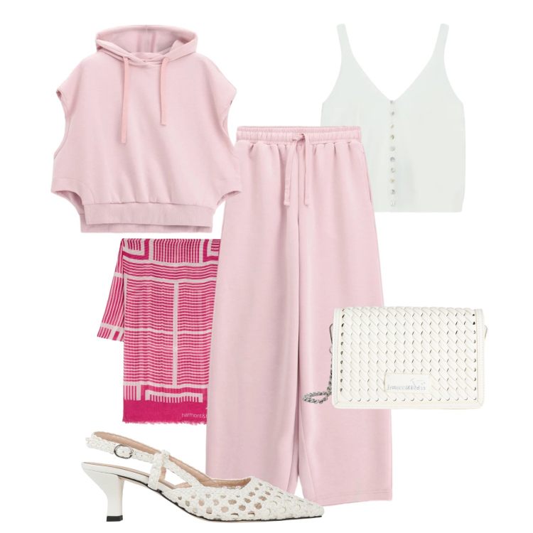 Outfit donna - Sportiva glam. Stile Sporty chic per Tutti i giorni. Abbinamento con décolleté, felpe con cappuccio, pantaloni a palazzo, canottiere, borse a tracolla, sciarpe.