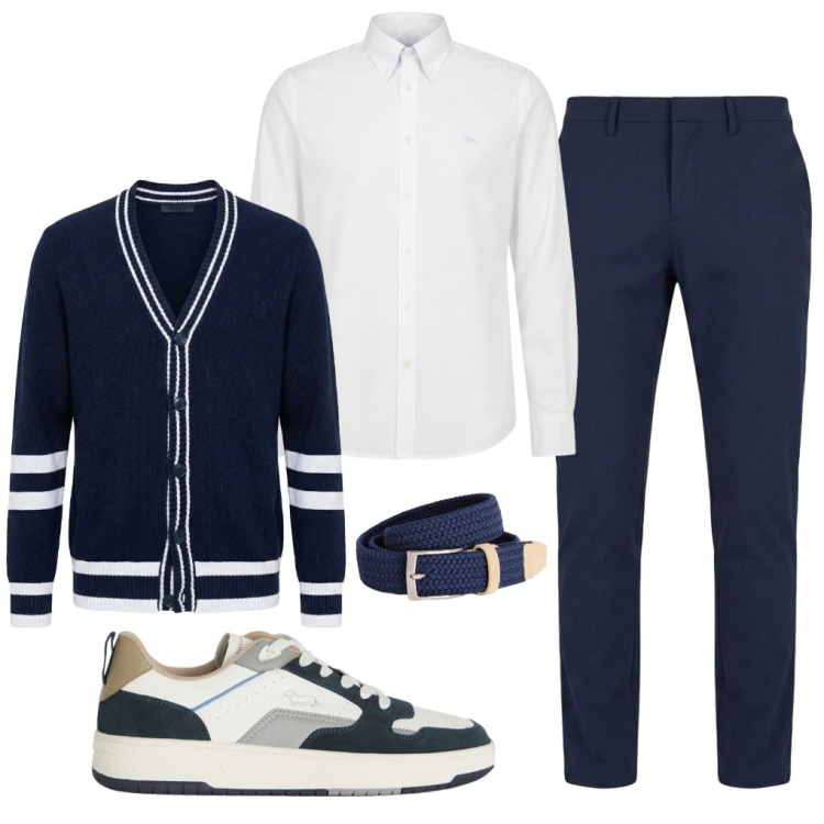 Outfit uomo - #ufficio.bicolore. Stile Casual per Tutti i giorni. Abbinamento con cinture, camicie, cardigans, sneakers, pantaloni chino.