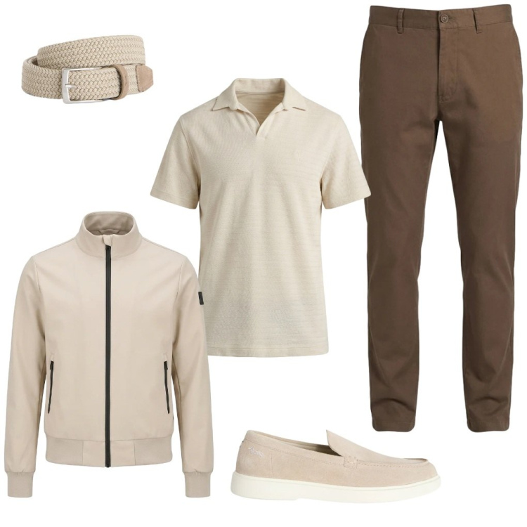 Outfit uomo - #che.bello. Stile Casual per Ufficio. Abbinamento con cinture, scarpe stringate, pantaloni, polo, bomber.