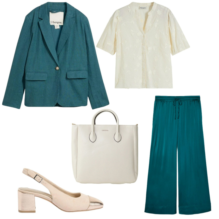 Outfit donna - Verde primaverile. Stile Chic per Ufficio. Abbinamento con bluse, blazer, décolleté, borse a tracolla, pantaloni.