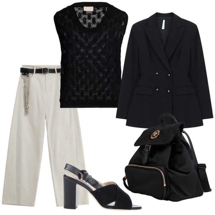 Outfit donna - Casual chic. Stile Casual chic per Ufficio. Abbinamento con zaini, pullovers, sandali in pelle, pantaloni a palazzo, blazer.